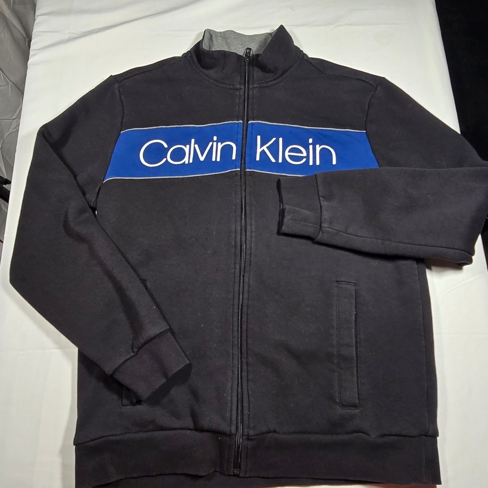 Calvin Klein Mens Large Soft Touch Fleece Full Zip Jacket Black Blue‎ Logo